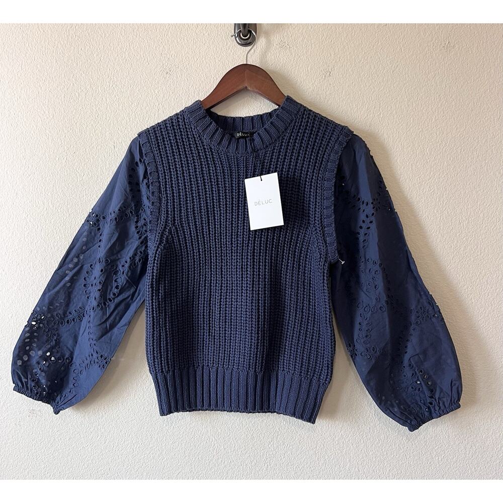 Boho Cottage Sweater Vest M Layered Blouse Déluc Indigo Eyelet Balloon Sleeve